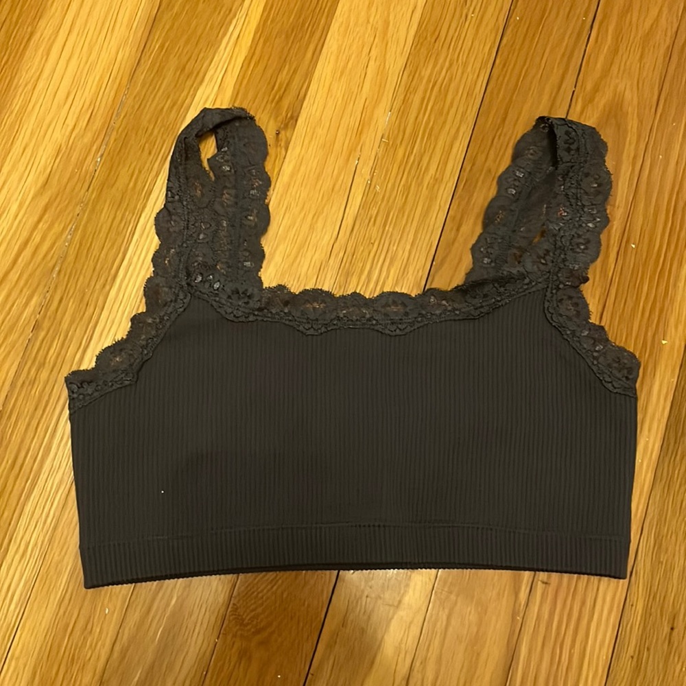 Grey/purple tank top, good material, lacey.